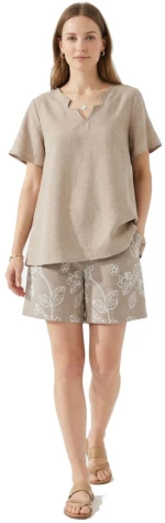ANNA RAXEVSKY Γυναικεία μπέζ κοντομάνικη μπλούζα, Linen look B26157 BEIGE