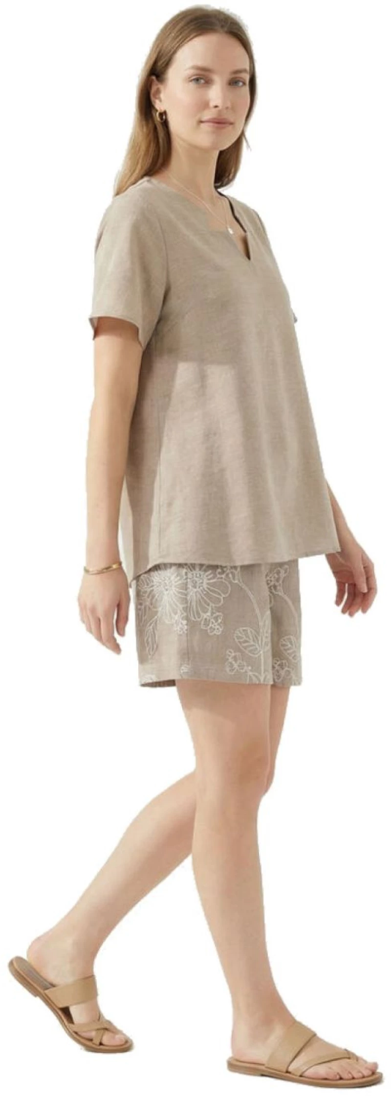 ANNA RAXEVSKY Γυναικεία μπέζ κοντομάνικη μπλούζα, Linen look B26157 BEIGE