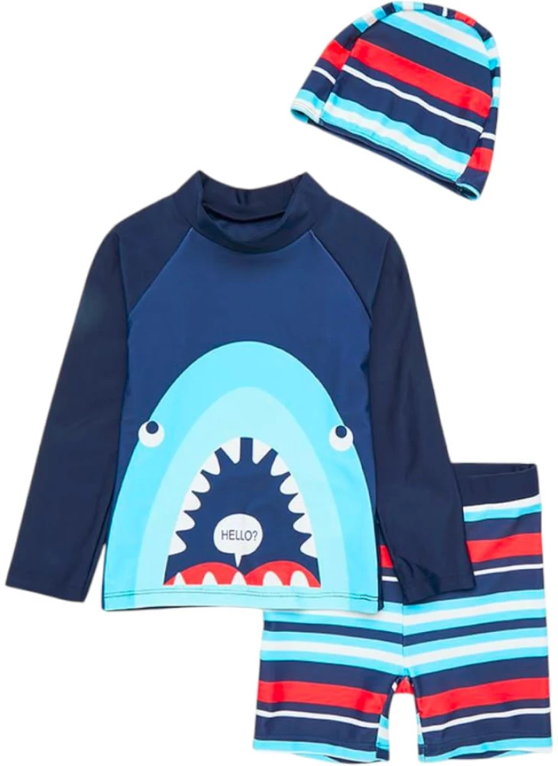 Blue Stripes Shark, Σετ Μαγιό και Σκουφάκι UPF50+ Queen Mother