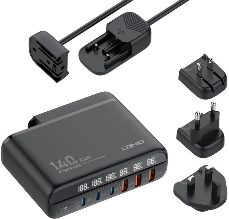 LDNIO σταθμός φόρτισης A6140C  3x USB-C/3x USB  140W  PD/QC  GaN  μαύρος