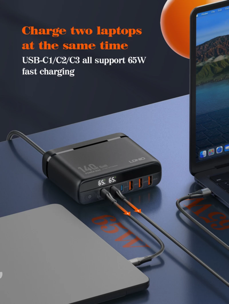 LDNIO σταθμός φόρτισης A6140C  3x USB-C/3x USB  140W  PD/QC  GaN  μαύρος