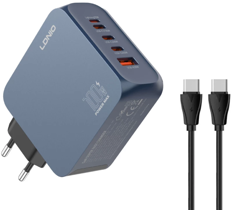 LDNIO φορτιστής τοίχου Q8 με καλώδιο USB-C  USB/Lightning/3x USB-C  GaN  100W  μπλε