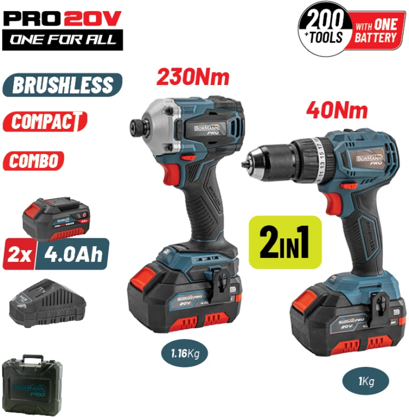 BORMANN Pro BBP5003 Σετ Δραπ/βιδο Κρουστικό Compact Brushless 20V & Παλμικό Κατσαβίδι, x2 Μπαταρίες