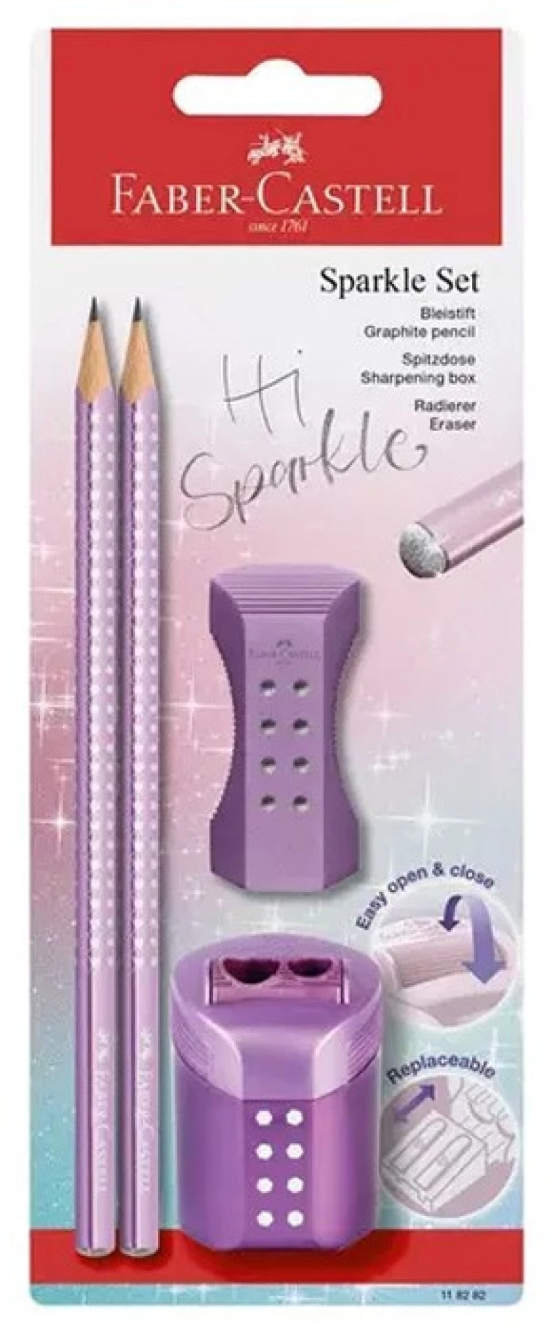 Σετ μολύβια Faber-Castell GRIP sparkle 2 μολύβια + γόμα + ξύστρα διάφορα χρώματα 1σετ