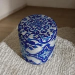 Stewehome Στρογγυλό Πουφ Bleu Blanc Βελούδο Μπλε(Λευκό) 32x40 cm