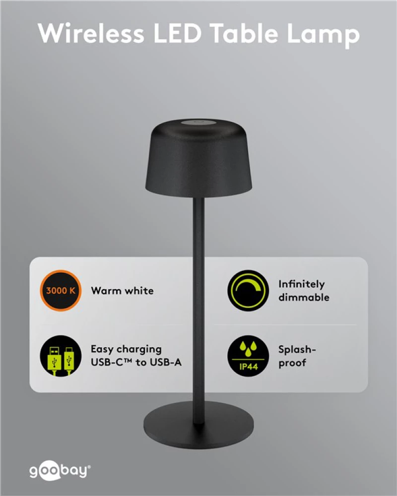 GOOBAY επιτραπέζιο φωτιστικό 77675, 3000K, dimmable, επαναφορτιζόμενο, μαύρο