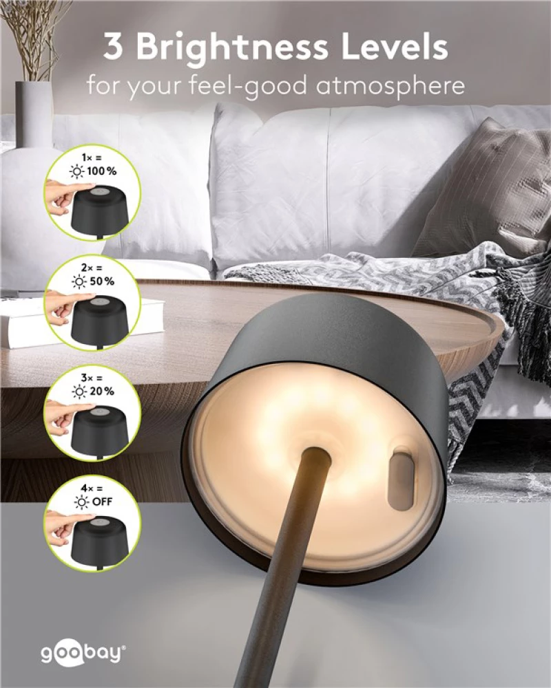 GOOBAY επιτραπέζιο φωτιστικό 77675, 3000K, dimmable, επαναφορτιζόμενο, μαύρο