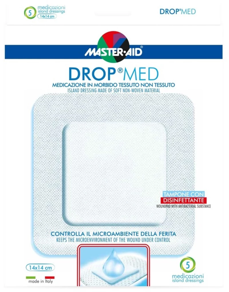 MASTER AID Drop Med, Αντικολλητικές Aυτοκόλλητες Γάζες 14x14cm - 5τεμ