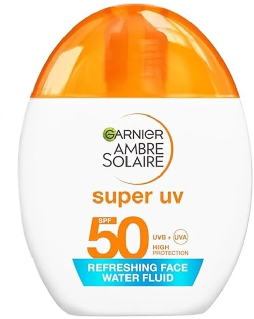 GARNIER Ambre Solaire Spf50 Super UV Refreshing Face Water Fluid, Διάφανο Αντηλιακό Προσώπου Υψηλής Προστασίας με Υαλουρονικό Οξύ -40ml