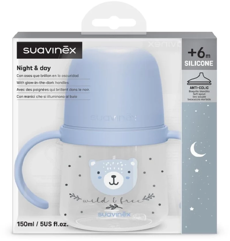 Suavinex Μπουκάλι Εκπαιδευτικό με λαβές Night&Day 150ml +6μ WILD Blue BR79813