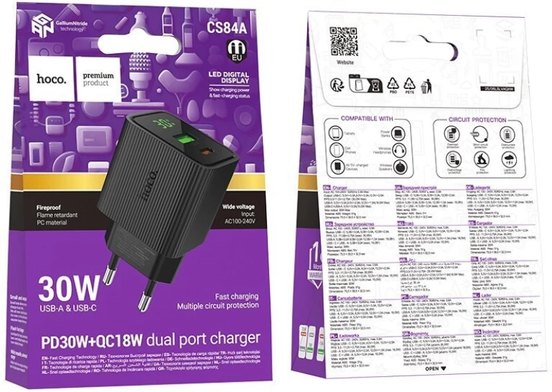 Hoco CS84A Φορτιστής με Θύρα USB-A και Θύρα USB-C 30W Power Delivery Quick Charge 3.0 Μαύρο
