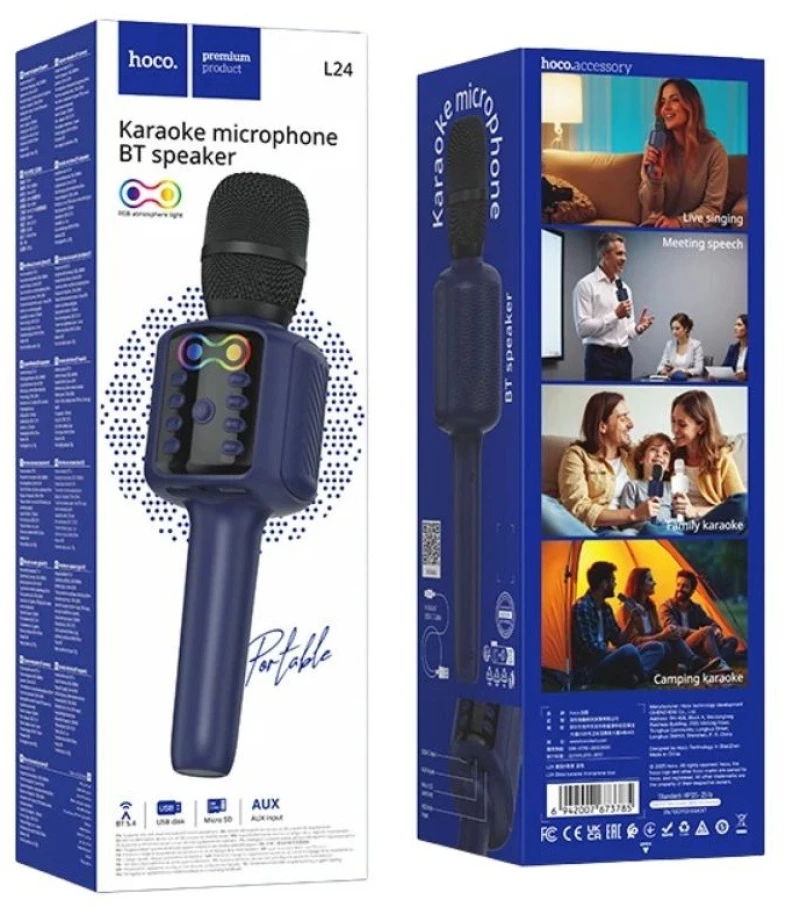 Hoco L24 Μικρόφωνο Καραόκε με Ηχείο Bluetooth 5W & RGB Φωτισμό Μπλέ