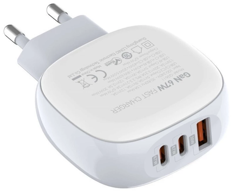LDNIO Q3611 Φορτιστής GaN 67W με 1x USB-A & 2x USB-C Λευκός