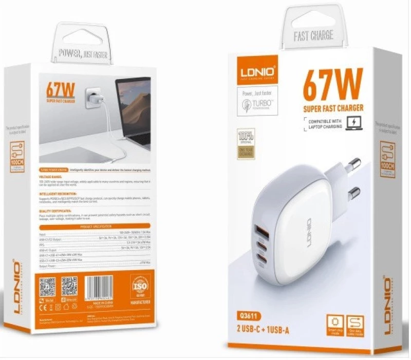 LDNIO Q3611 Φορτιστής GaN 67W με 1x USB-A & 2x USB-C Λευκός