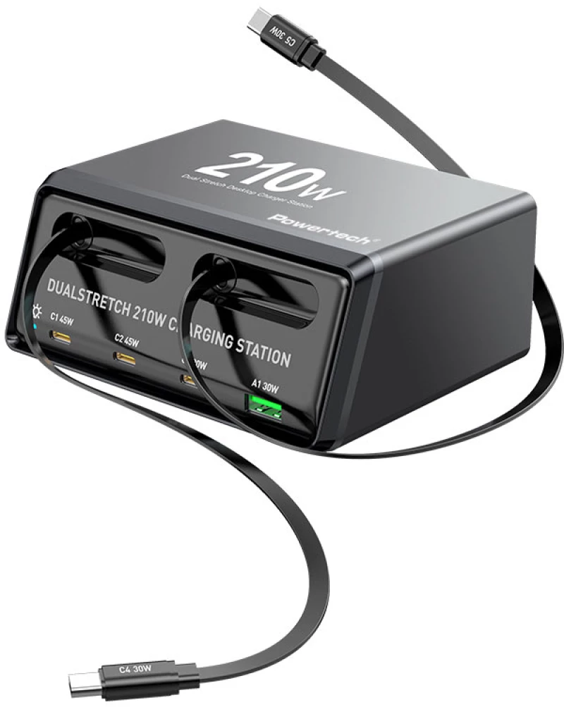 POWERTECH σταθμός φόρτισης PT-1623, USB/3x USB-C/2x USB-C καλώδια, GaN, 160W, μαύρος