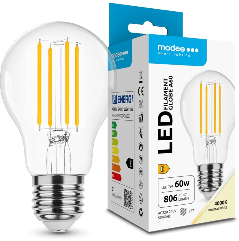 Modee LED Λάμπα Filament Globe A60 7W E27 4000K 806lm ERP