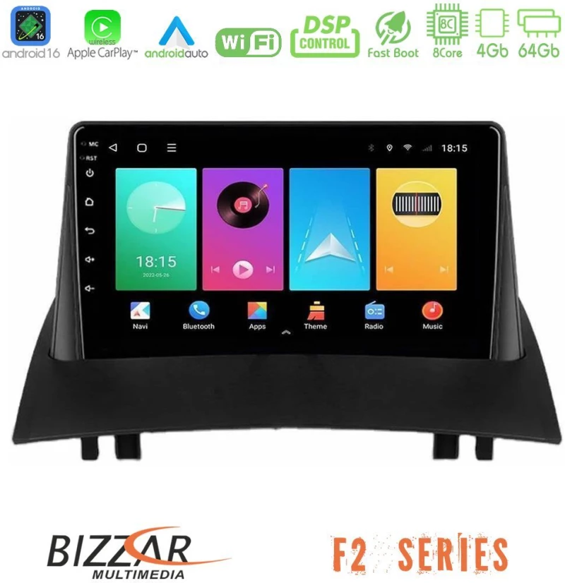 Bizzar F2 Series 8Core Android16 4+64GB  Renault Megane 2 2002-2008 Navigation Multimedia Tablet 9"