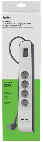 Belkin BSV401vf2M-V2 SURGE, 4 sockets, 525J, 2M, 2 USB-2.4A SHARED, updated version2