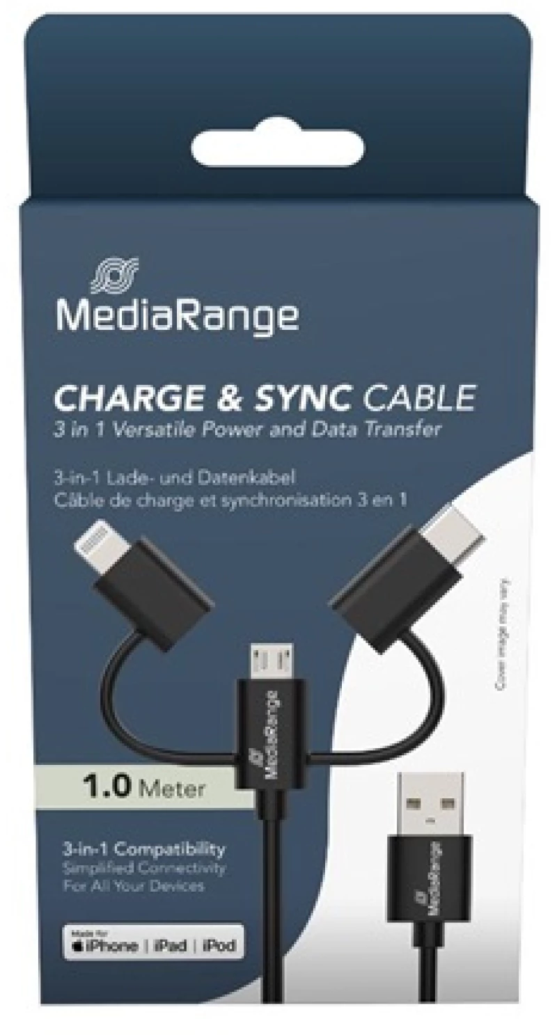 MediaRange 3-in-1 Charge and Sync Cable, micro USB, USB Type-C® and Apple Lightning® Connectors, USB 2.0 480 Mbps, 12W max., 1.0m, Black (MRCS246)
