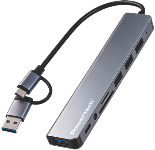 POWERTECH USB hub PTR-0205 με card reader, 8 θυρών, USB & USB-C σύνδεση, γκρι
