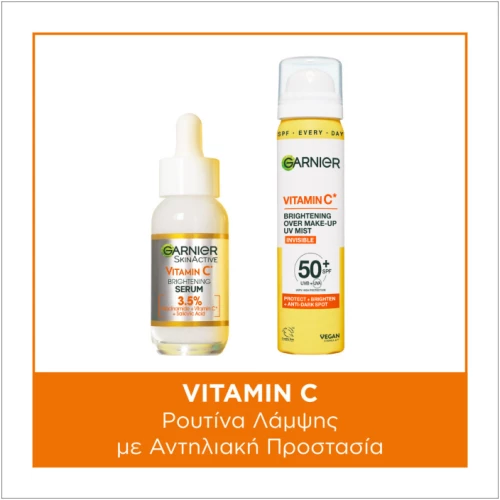 GARNIER Vitamin C Serum, Ορός Προσώπου με 3,5% Bιταμίνη C - 30ml & Brightening Over Make Up UV Mist SPF50+, Σπρέυ Προσώπου με Αντηλιακή Προστασία - 75ml