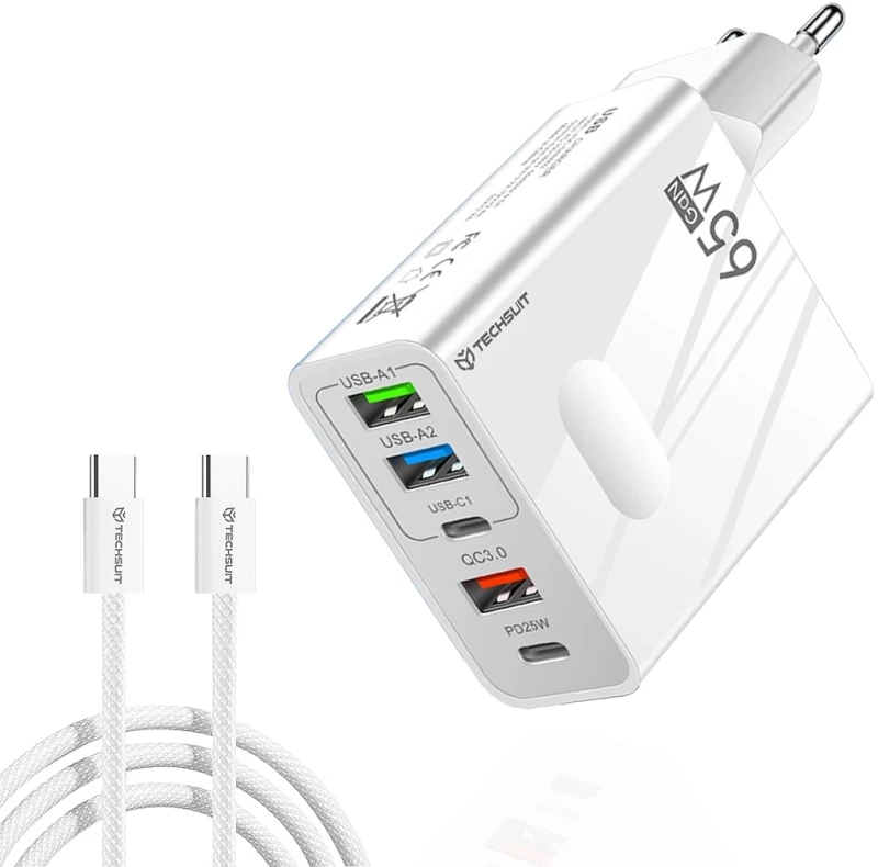 Techsuit Φορτιστής Premium Pentaxpower CHC1 3x USB, 2x Type-C PD 25W, 65W, GaN με Καλώδιο Type-C 1m White