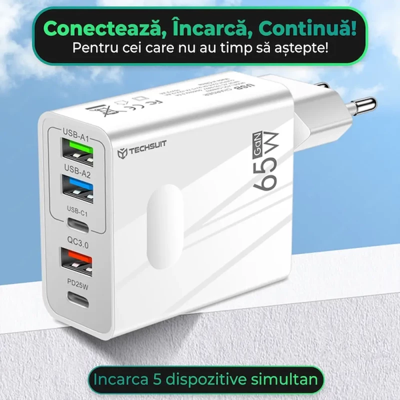 Techsuit Φορτιστής Premium Pentaxpower CHC1 3x USB, 2x Type-C PD 25W, 65W, GaN με Καλώδιο Type-C 1m White
